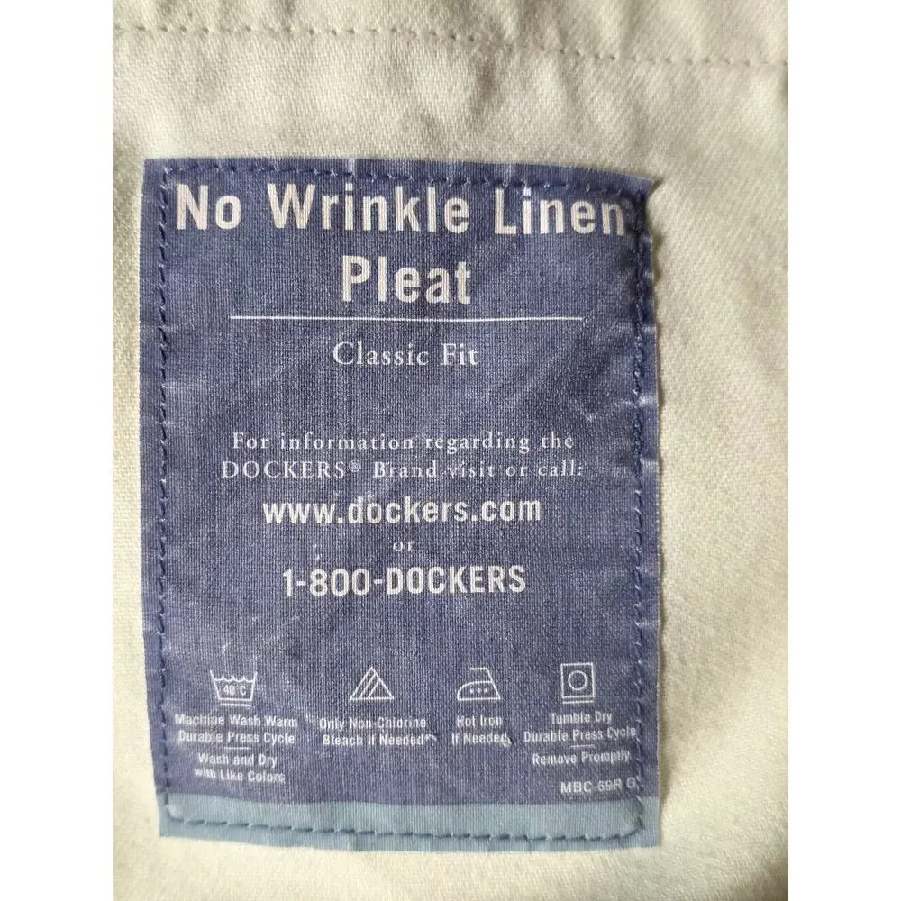 Dockers No Wrinkle Linen Pants Men 40x32 Tan Classic Fit Pleated Cuffed Preppy